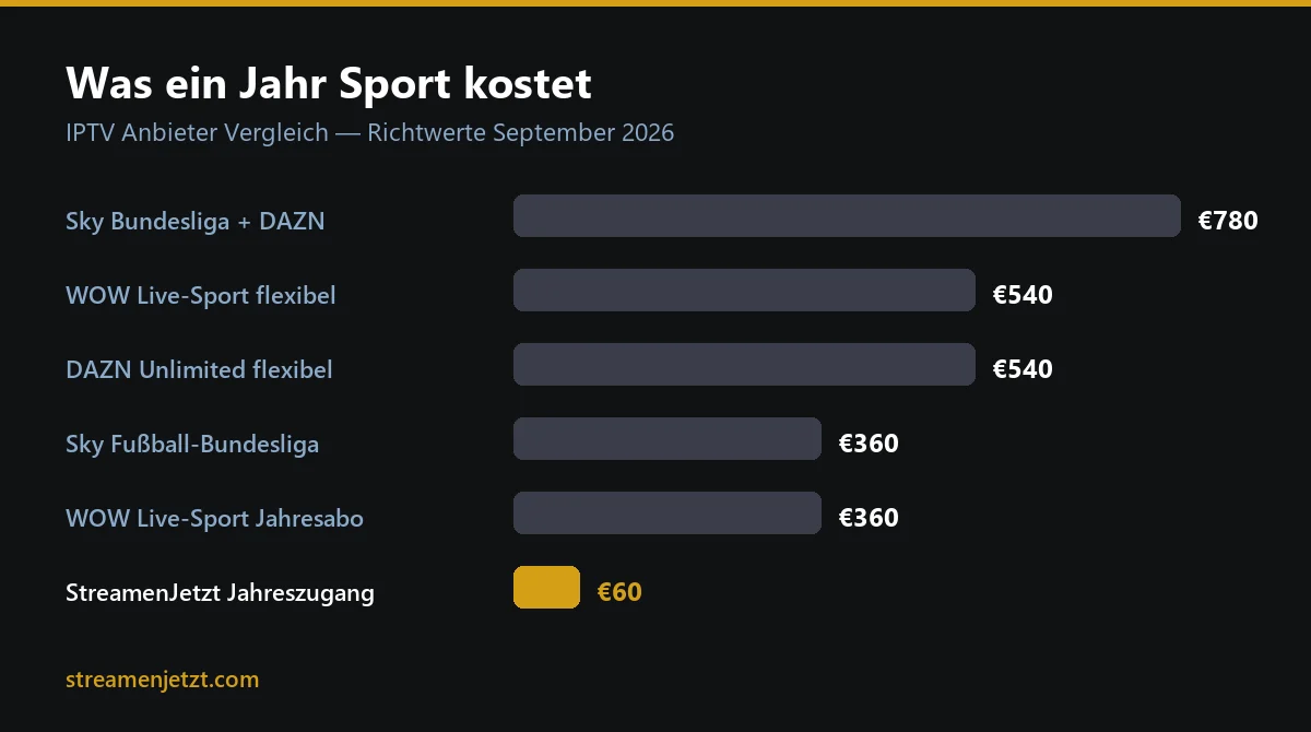IPTV Anbieter Vergleich: Jahreskosten von Sky, WOW, DAZN und einem IPTV-Zugang im Balkendiagramm