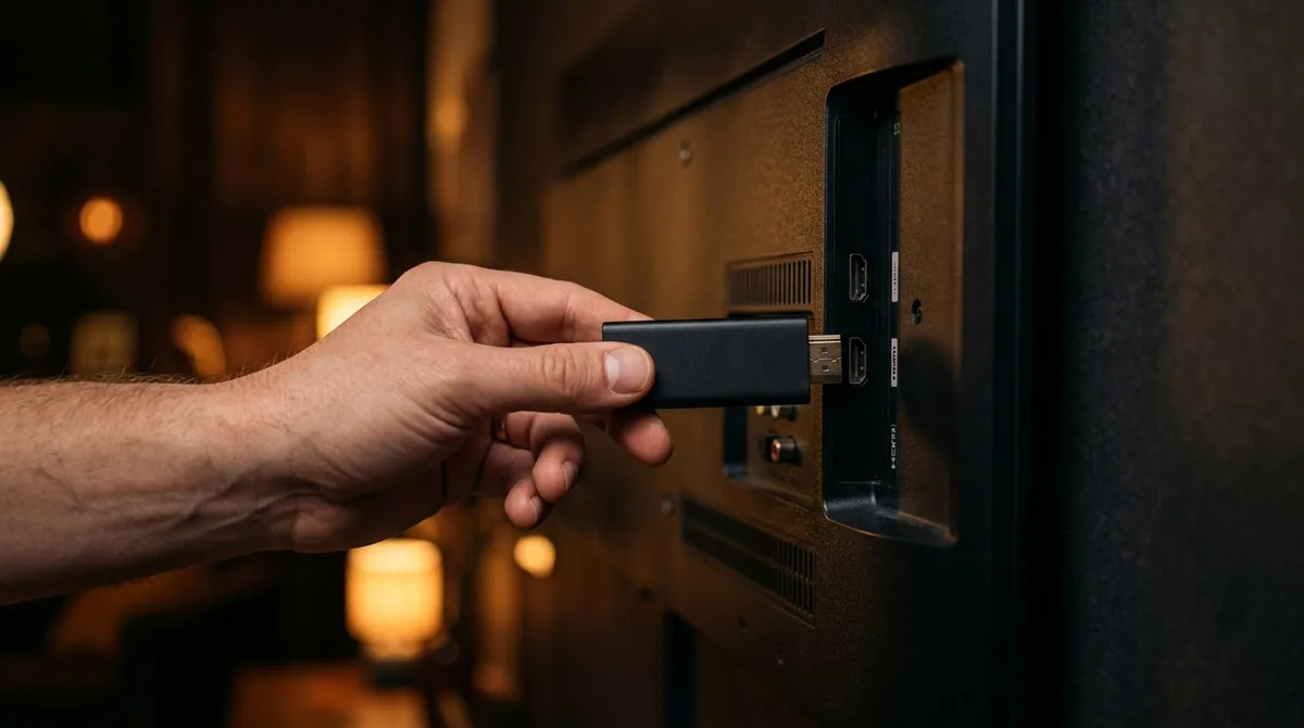 IPTV auf Firestick installieren: Fire TV Stick im HDMI-Anschluss des Fernsehers